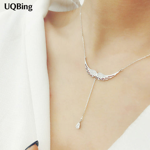 2016 New Drop Shipping 925 Sterling Silver Necklaces Zircon Angel Wings Necklaces Jewelry Collar Colar de Plata