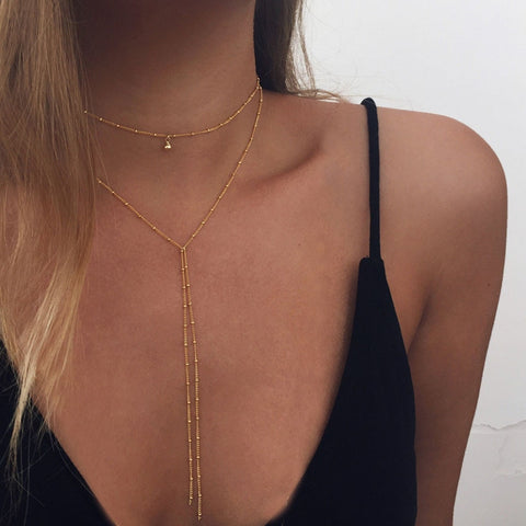 2017 Simple Gold Silver Color Chain Choker Necklace Long Beads Tassel Chocker Necklaces For Women collar collier ras du cou