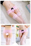 2017 Women Sexy Garter Belt Stocking Set Sex Stockings Sheer Net Bow Lace Tighs Top Over Knee Erotic Lingerie Garter Pantyhose