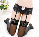 2017 Women Sexy Garter Belt Stocking Set Sex Stockings Sheer Net Bow Lace Tighs Top Over Knee Erotic Lingerie Garter Pantyhose