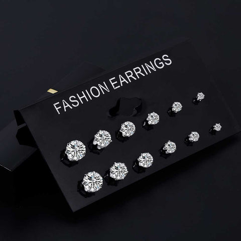 ALIUTOM Fashion 6 Pair/ set Punk Zircon Crystal Stud Earrings Set For Women Round Flower Gothic Design Brincos Jewelry Bijoux