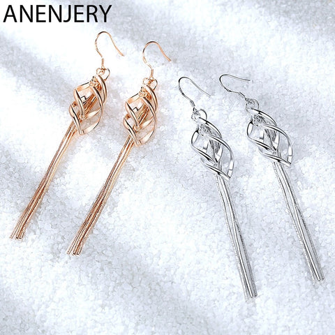 ANENJERY 925 Sterling Silver Earrings Long Tassel Twisted Drop Earrings For Women oorbellen Trendy Jewelry S-E872