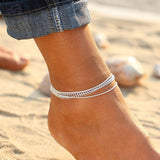 AOMU Minimalism Multilayer Silver Anklets Women Ankle Bracelets Female Halhal Foot Chain Blue Beads Charm Beach Sandal Barefoot