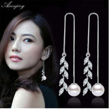 Anenjery New Fashion 925 Sterling Silver Zircon Flower Leaves Box Chain Long Tassel Ear Line Luxury Pearl Drop Earrings S-E282