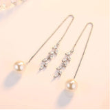 Anenjery New Fashion 925 Sterling Silver Zircon Flower Leaves Box Chain Long Tassel Ear Line Luxury Pearl Drop Earrings S-E282