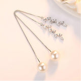 Anenjery New Fashion 925 Sterling Silver Zircon Flower Leaves Box Chain Long Tassel Ear Line Luxury Pearl Drop Earrings S-E282