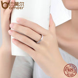BAMOER 100% 925 Sterling Silver Radiant Hearts Light Pink Enamel & Clear CZ Finger Ring Women Mother Gift Jewelry PA7603