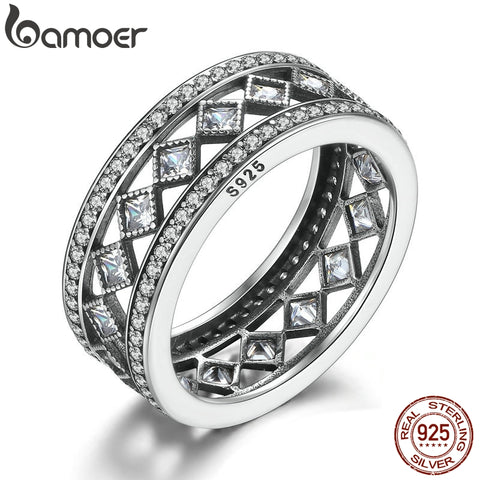 BAMOER Hot Sale 925 Sterling Silver Square Vintage Fascination, Clear CZ Big Ring For Women Luxury Fashion Jewelry S925 PA7601