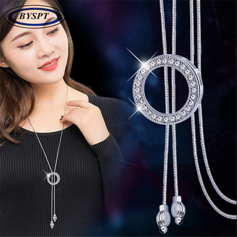 BYSPT Shiny Crystal Circle Silver Color Women's Pendant Necklaces Jewelry Pendant Long Necklace Women Chain Fashion Jewelry