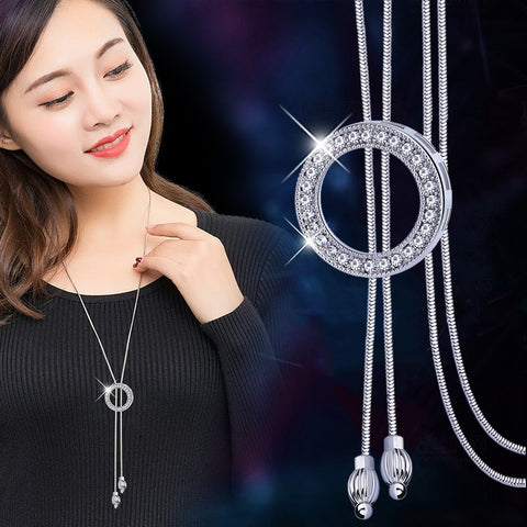BYSPT Shiny Crystal Circle Silver Color Women's Pendant Necklaces Jewelry Pendant Long Necklace Women Chain Fashion Jewelry