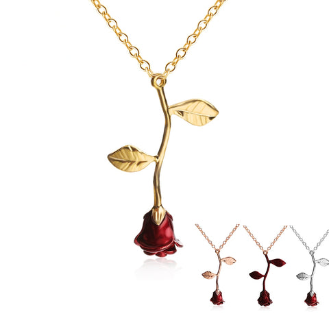 Bijoux Red Rose Flower Pendant Necklace Statement Necklace Women Choker Rose Gold Color FlowerBoho Charm Jewelry Nice Gifts
