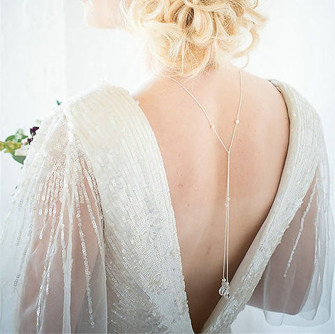 Crystal Long Backdrop Necklace Pendant Women Gold Silver Color Chain Drop Back Chain Jewelry Pearl Wedding Dress DIY Accessories