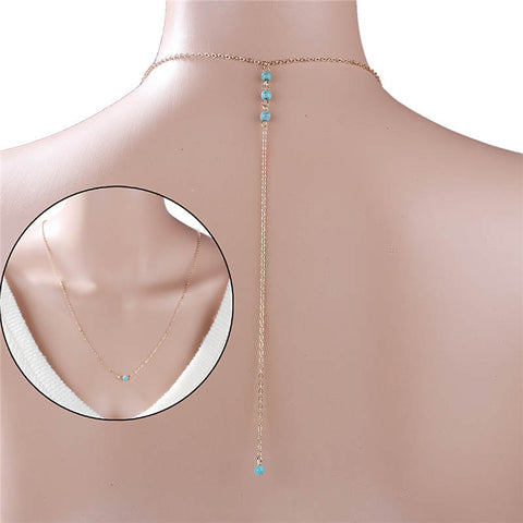 DoreenBeads Back Wedding Necklace Party Beach Back Neck Lace Summer Body Jewelry Gold Color Green Blue 70cm long, 1PC