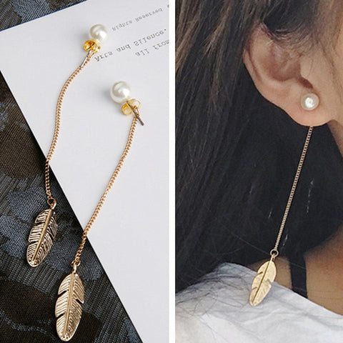 ES287 Pearls Long Tassel Dangle Earrings For Women Leaf Feather Drop Brincos Bijoux boucle d'oreille  Jewelry Earring