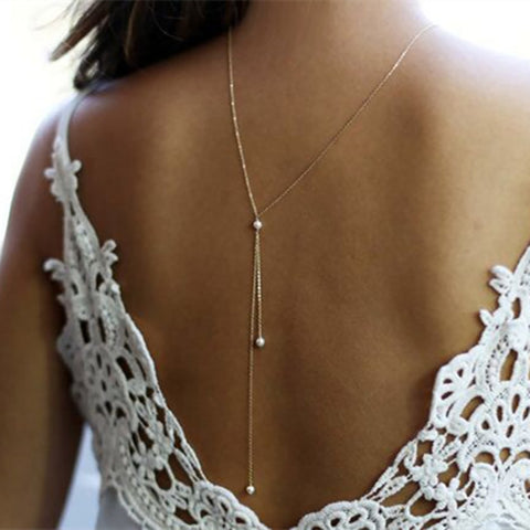 European Style Women Long Adjustable Simulated-pearl Chain Back Necklace Gold/Silver Female Backlace Back Drop Banquet Accessory