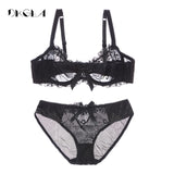 Fashion embroidery bras underwear women set plus size lingerie sexy C D cup Ultrathin transparent bra panties lace bra set black