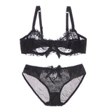 Fashion embroidery bras underwear women set plus size lingerie sexy C D cup Ultrathin transparent bra panties lace bra set black