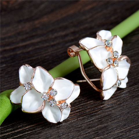 H:HYDE Bridal Womens New Fashion Jewelry Gold Color Enamel Austrian Crystal Flower Bijoux Stud Earrings For Wedding Dropshipping