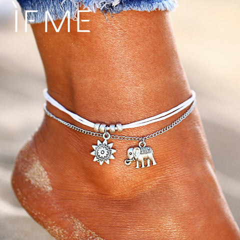 IF ME Vintage Multiple Layers Anklets for Women Elephant Sun Pendant Charms Rope Chain Beach Summer Foot Ankle Bracelet Jewelry