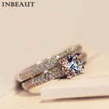 INBEAUT Women Wedding Ring Set Sparkling Perfect Round Cut Zircon Stone Rings Female Party Jewelry 2 Color Silver&Rose Gold