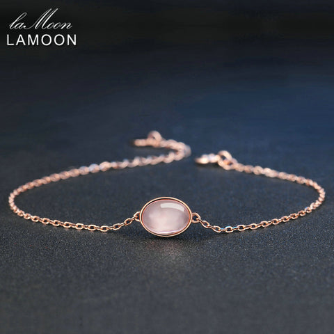 LAMOON Simple 8x6mm 100% Natural Oval Pink Rose Quartz 925 Sterling Silver Jewelry  S925 Charm Bracelet LMHI023