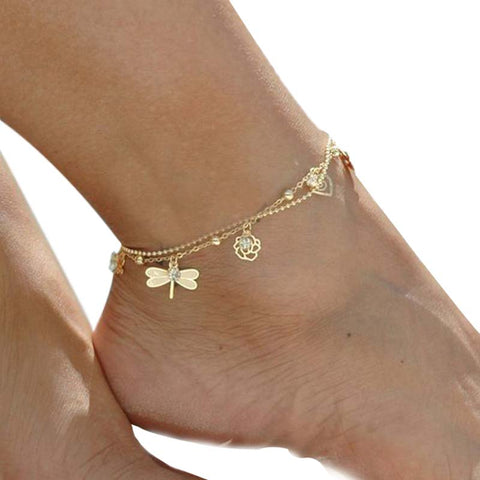 LNRRABC Fashion Women Golden Bead Chain Ankle Bracelet Dragonfly Rose Aolly Crystal Barefoot Sandal Beach