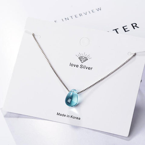 Literary Blue Crystal Water Drop Pendant Necklaces For Women Short Clavicle Chain Choker 925 Sterling Silver Jewelry Girl SAN39