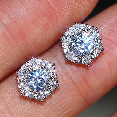 Luxury Female Crystal White Zircon Stud Earrings Simple 925 Sterling Silver Hexagon Earrings For Women Vintage Double Earrings