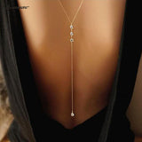 Meetcute backdrop necklace water dorp crystal pendant pearl back chain bride wedding jewelry backless dress long necklace