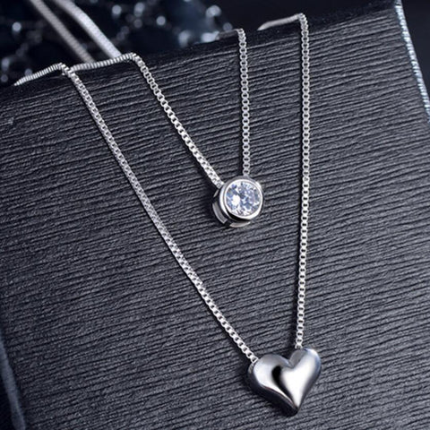 New Double Layer Chain Zircon Heart Pendants Necklaces For Women Trend Sweater Chain Choker 925 Sterling Silver Jewelry SAN57