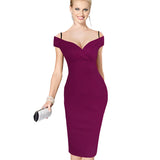 Nice-forever New Sexy Elegant Solid Stylish Casual Work Strap Slash Neck Bodycon Knee Midi Women Formal Pencil Dress B309