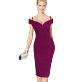 Nice-forever New Sexy Elegant Solid Stylish Casual Work Strap Slash Neck Bodycon Knee Midi Women Formal Pencil Dress B309