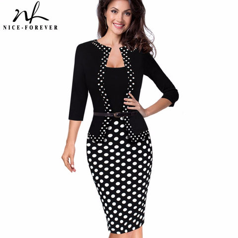 Nice-forever One-piece Faux Jacket Retro Contrast Polka Wear to Work Business vestidos Office Bodycon Women Sheath Dress B407