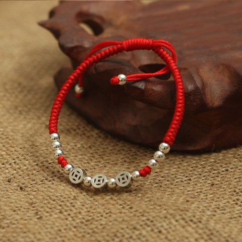Real 925 Sterling Silver Ancient Coins  Beads Lucky Red Rope  Bracelet  Handmade Fortune  Bangle Amulet  Jewelry