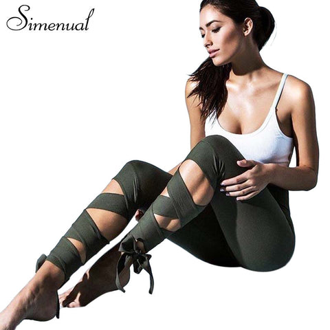 Simenual Lace up strappy leggings women fitness slim sexy bandage summer legging sportswear athleisure elastic jeggings pants