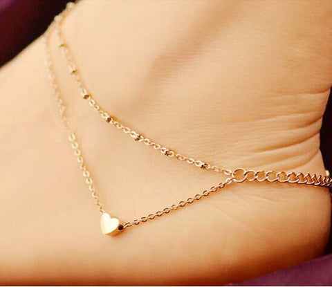 Summer Style Charming Heart Pendant Two Chains Golden Anklet Ankle Bracelet Foot Jewelry Barefoot Sandals Anklets For women