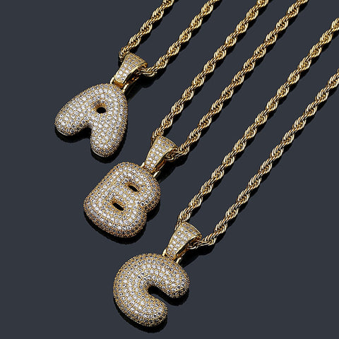 TOPGRILLZ  Micropave  AAA+ Zircon  Custom Name Bubble Letters ICED OUT Pendant Necklace with rope Chain and Tennis Chain DIY