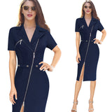 Vfemage Women Sexy Elegant Lapel Asymmetric Zip Moto Button Casual Work Office Business Party Bodycon Vestido Sheath Dress 10079