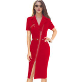 Vfemage Women Sexy Elegant Lapel Asymmetric Zip Moto Button Casual Work Office Business Party Bodycon Vestido Sheath Dress 10079