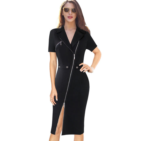 Vfemage Women Sexy Elegant Lapel Asymmetric Zip Moto Button Casual Work Office Business Party Bodycon Vestido Sheath Dress 10079