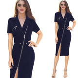 Vfemage Women Sexy Elegant Lapel Asymmetric Zip Moto Button Casual Work Office Business Party Bodycon Vestido Sheath Dress 10079