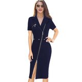 Vfemage Women Sexy Elegant Lapel Asymmetric Zip Moto Button Casual Work Office Business Party Bodycon Vestido Sheath Dress 10079