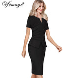 Vfemage Women Winter Elegant Front Zip Up Pleated Ruched Peplum Long Sleeve Wear to Work Office Business Party Sheath Dress 8348