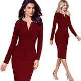 Vfemage Women Winter Elegant Front Zip Up Pleated Ruched Peplum Long Sleeve Wear to Work Office Business Party Sheath Dress 8348