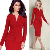 Vfemage Women Winter Elegant Front Zip Up Pleated Ruched Peplum Long Sleeve Wear to Work Office Business Party Sheath Dress 8348