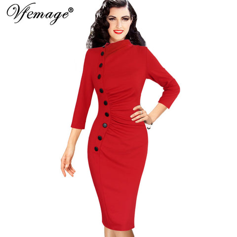 Vfemage Womens Autumn Winter Vintage Pinup Retro Rockabilly 3/4 Sleeve Button Ruched Pleated Work Party Wiggle Sheath Dress 8430