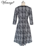 Vfemage Womens Elegant Contrast Patchwork Printed 3/4 Sleeve Pocket Casual Work Office Business Fit and Flare A Line Dress 18576