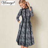 Vfemage Womens Elegant Contrast Patchwork Printed 3/4 Sleeve Pocket Casual Work Office Business Fit and Flare A Line Dress 18576