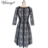 Vfemage Womens Elegant Contrast Patchwork Printed 3/4 Sleeve Pocket Casual Work Office Business Fit and Flare A Line Dress 18576