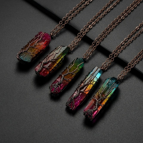 Vintage Handmade 7 Chakra Natural/Rainbow Stone tree of life Pendant Necklace for Women Men long chain statement Jewelry Gift